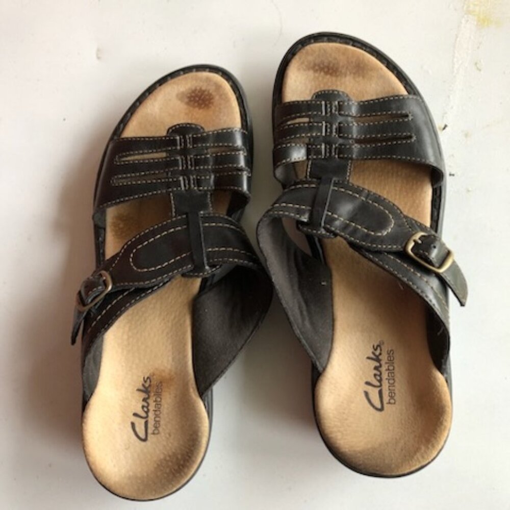 Clarks Women's Dark Brown Leather Buckle Slide Sandals